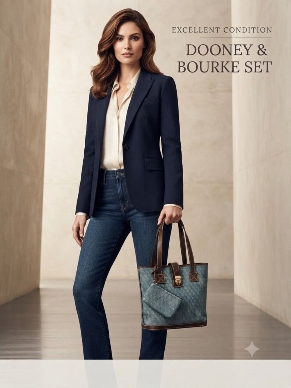 Dooney & Bourke Vintage Y2K Blue Denim Monogram Tote Bag Wristlet Set